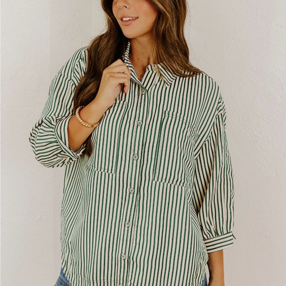 entro Oversized Green & White Striped Button-Down Shirt